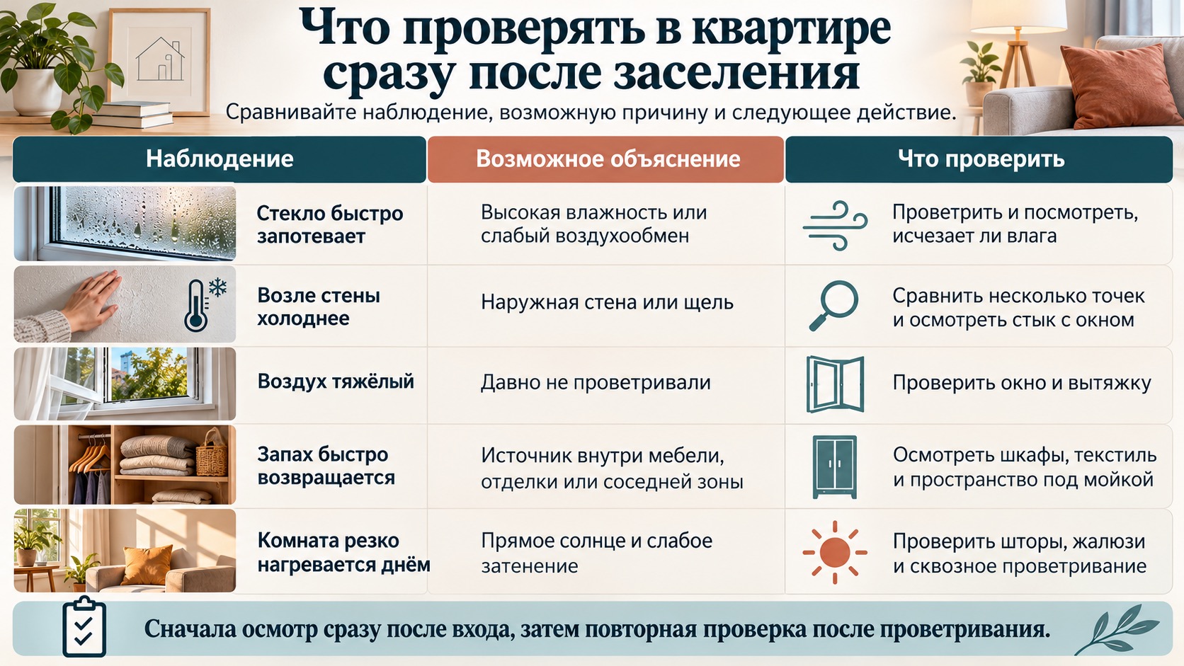 Проверка конденсата, холодных стен, духоты, запахов и перегрева квартиры.