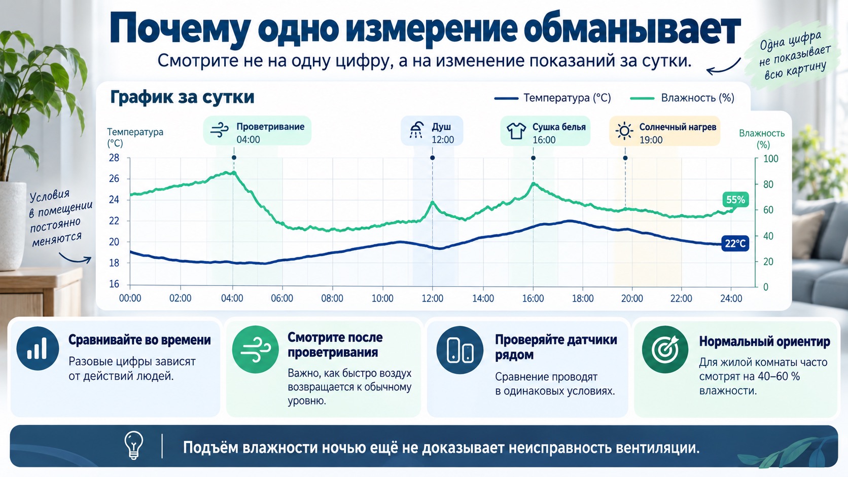 Суточный график температуры и влажности с отметками проветривания и бытовых действий.