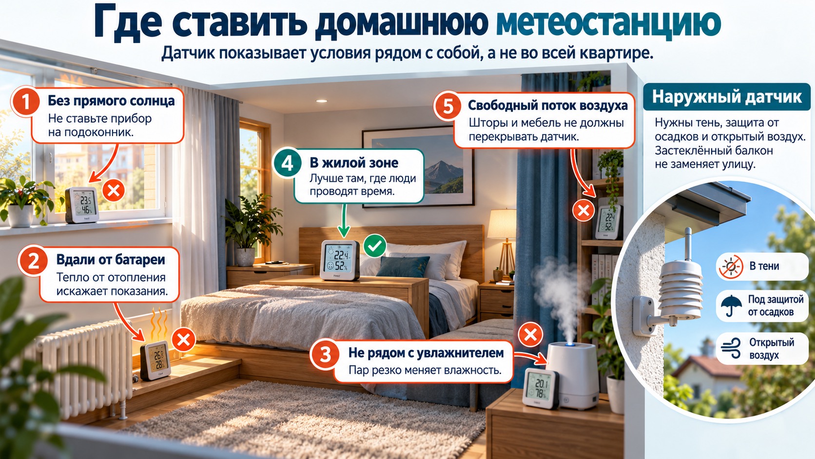 Правильное размещение домашней метеостанции вдали от солнца, батарей и увлажнителей.